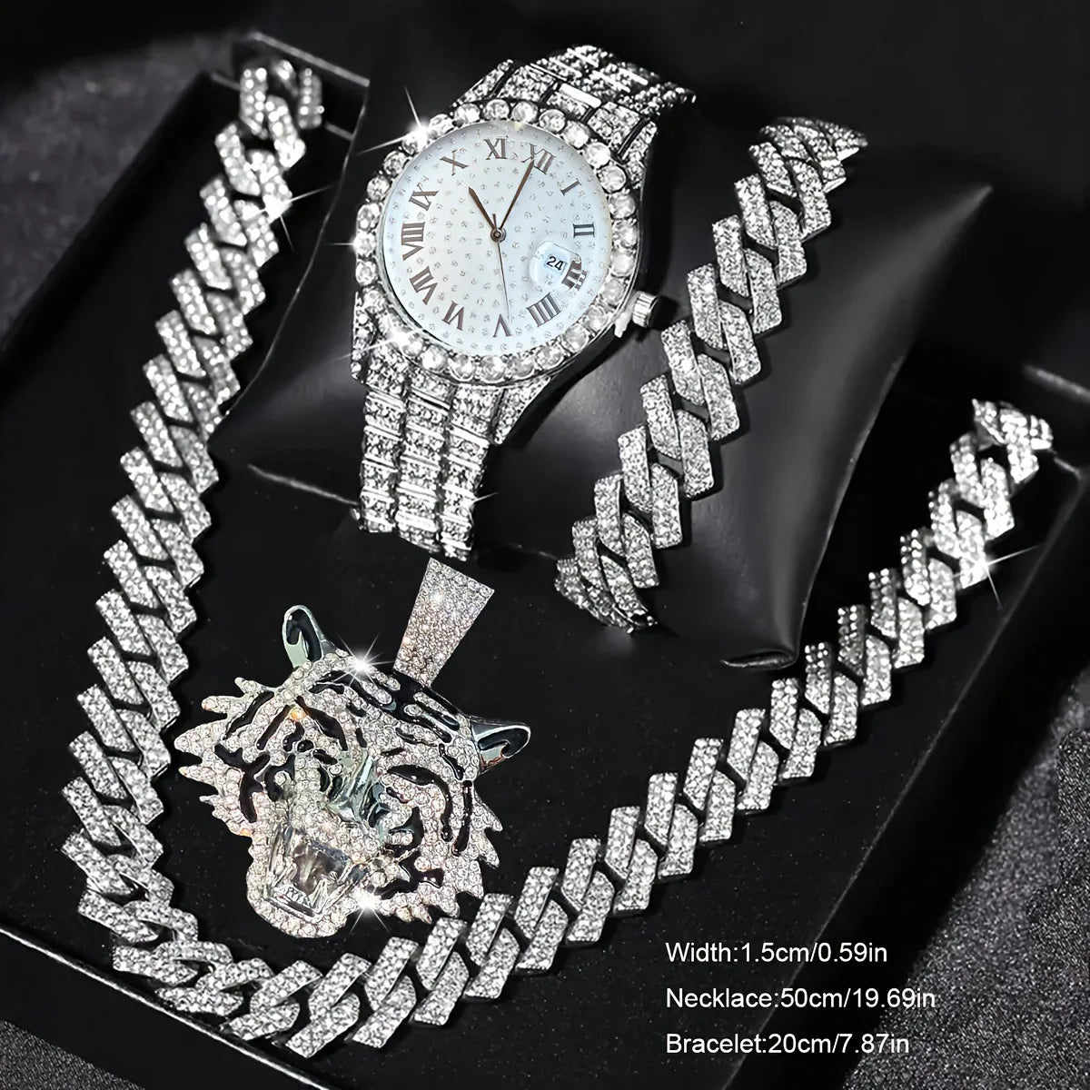 Trendy Men's Popular Tiger Head Cuban Chain Four Piece Set | Street Hip Hop Style Watch Necklace Bracelet Pendant Set Qme Coffee