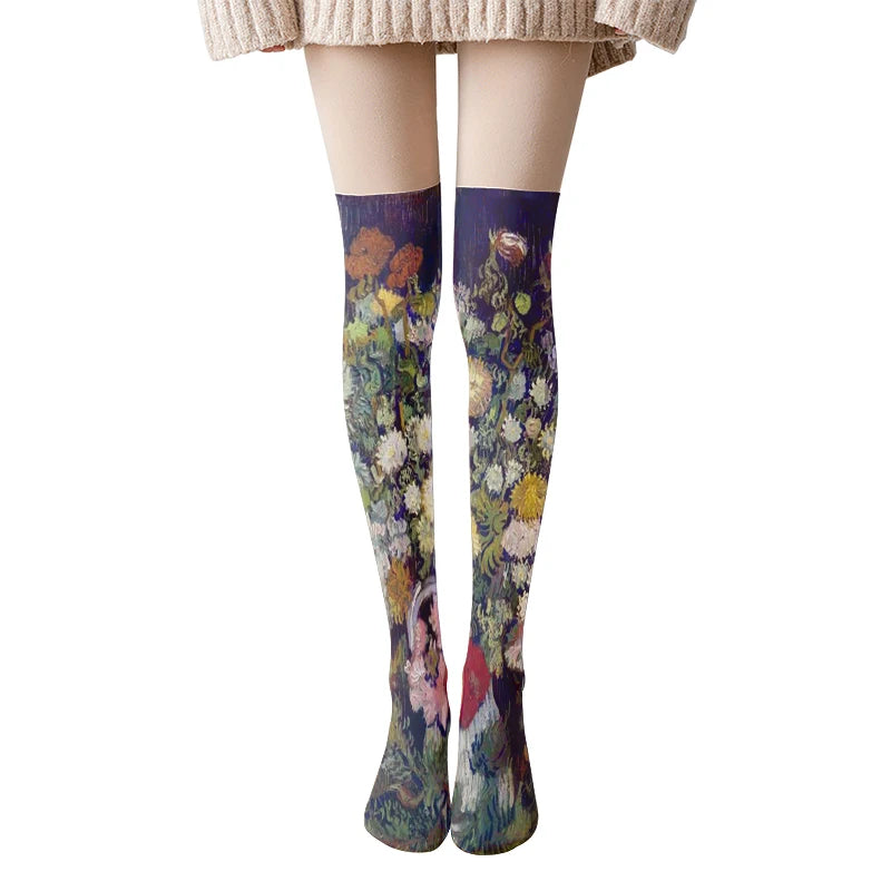 Van Gogh Retro Oil Painting Thigh Stockings Starry Sky Sunflower Qme style6 One Size