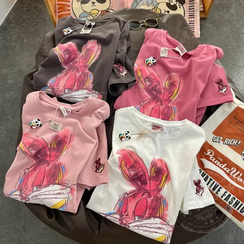 Spring New Korean Cartoon Rabbit Painting Leisure Half Sleeve Round Neck Pullover Cotton Short Sleeve T-shirt Female Qme