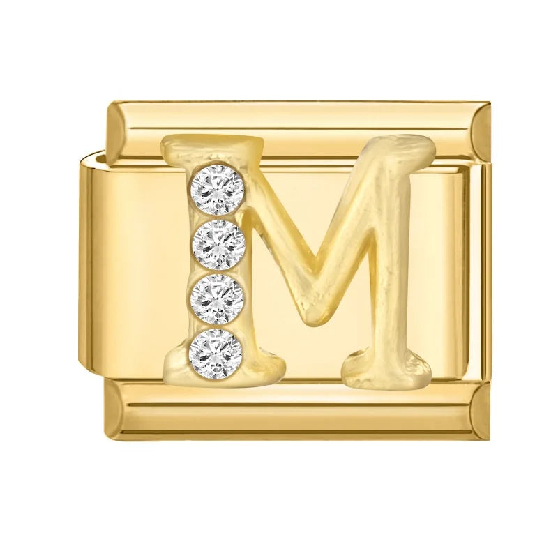 Wholesale Shiny CZ 26 Letters A-Z Gold Color Italian Charms Gold Plated 9mm Stainless Steel Modular Bracelet DIY Jewelry Gift Qme M