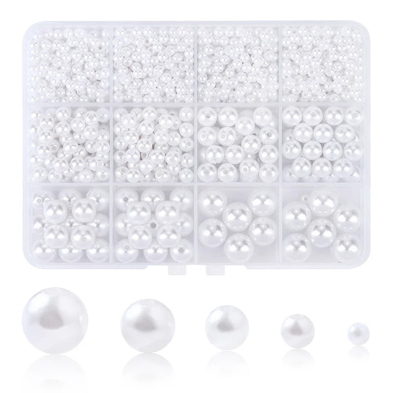1200Pcs Resin Pearl Beads Kit 5 Sizes Round Small Pearl Filler Beads with Hole for DIY Craft Necklaces Earrings Bracelets Making Qme White color