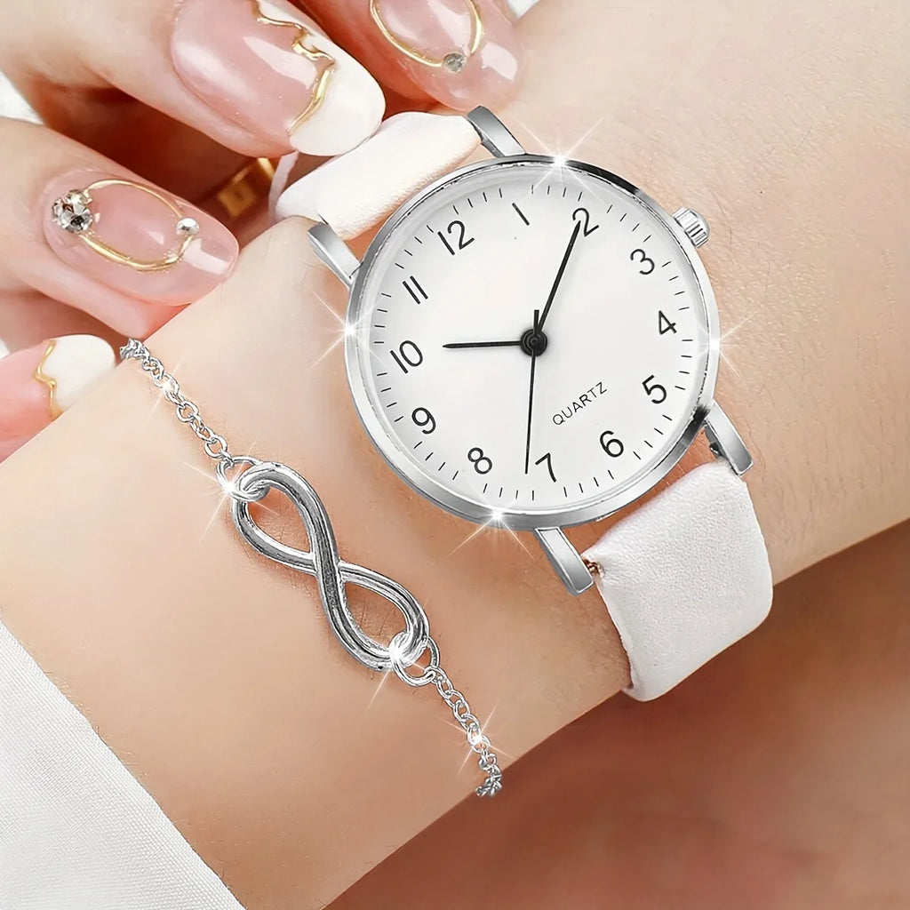 2pcs/set Casual Fashion Quartz Watch Analog PU Leather Wrist Watch & Bracelet, Gifts For Women Her Qme