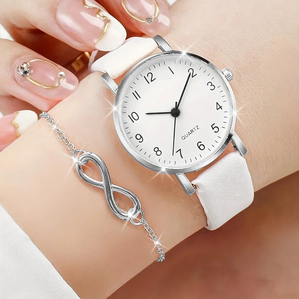 2pcs/set Casual Fashion Quartz Watch Analog PU Leather Wrist Watch & Bracelet, Gifts For Women Her Qme
