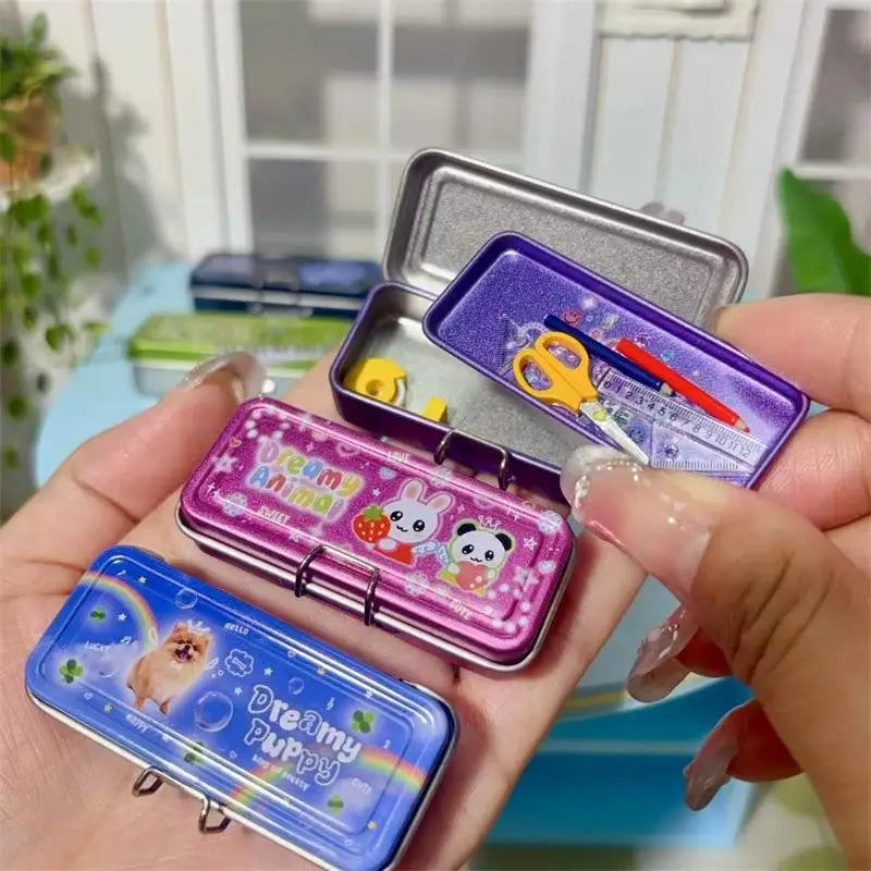 Dollhouse Miniature Double Layer Iron Pencil Box Pen Ruler Measuring Qme