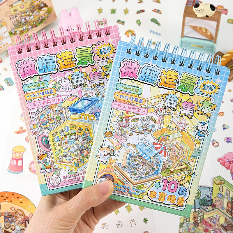 35 Pcs Scene Cartoon Diy 3D Landscape Sticker Book Cabin Scene Pocket Sticker Festival Birthday Gift to Student Kid Child Qme