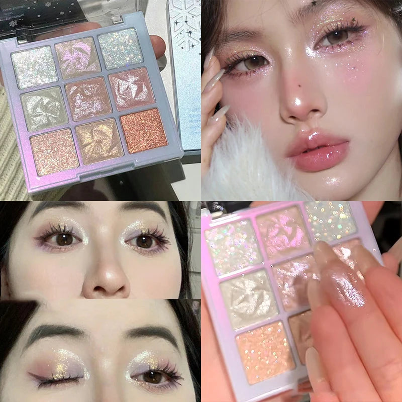 Snowflake Diamond Eyeshadow Palette 9-Color Polarization Glitter Flash Rose Pink Highlighter Brighten Shiny Eyes Makeup Tools Qme