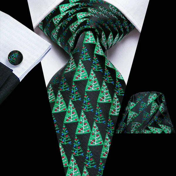 Christmas Green Tie Set 3 Pieces Men Necktie Pocket Square Cufflinks Xmas Wedding Party Suit Accessories Gifts for Dad Boyfriend Qme LDSN3314