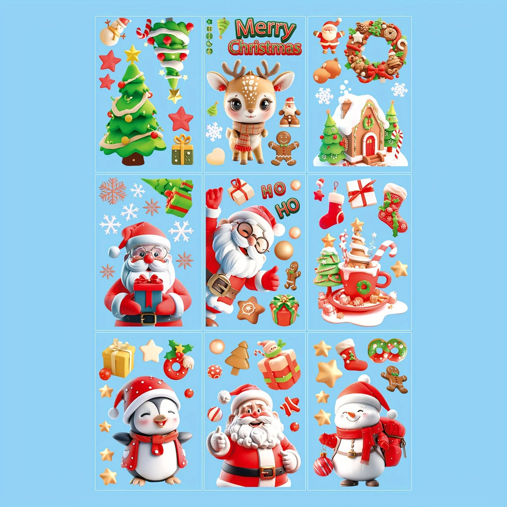 9 sheets/72 pieces, Santa Snowman glass stickers, Christmas tree refrigerator decoration stickers, double-sided window stickers, Qme 9 sheets