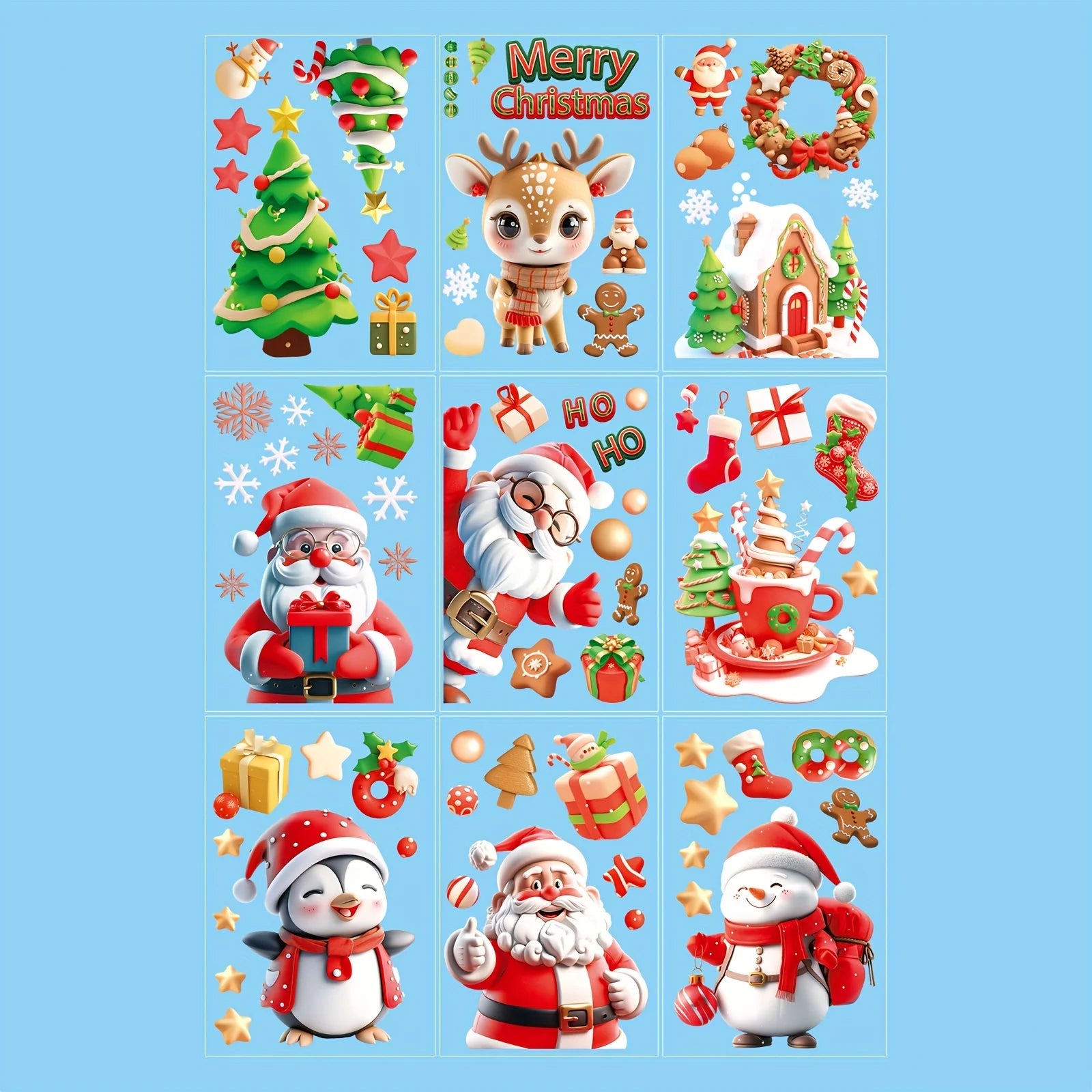 9 sheets/72 pieces, Santa Snowman glass stickers, Christmas tree refrigerator decoration stickers, double-sided window stickers, Qme 9 sheets