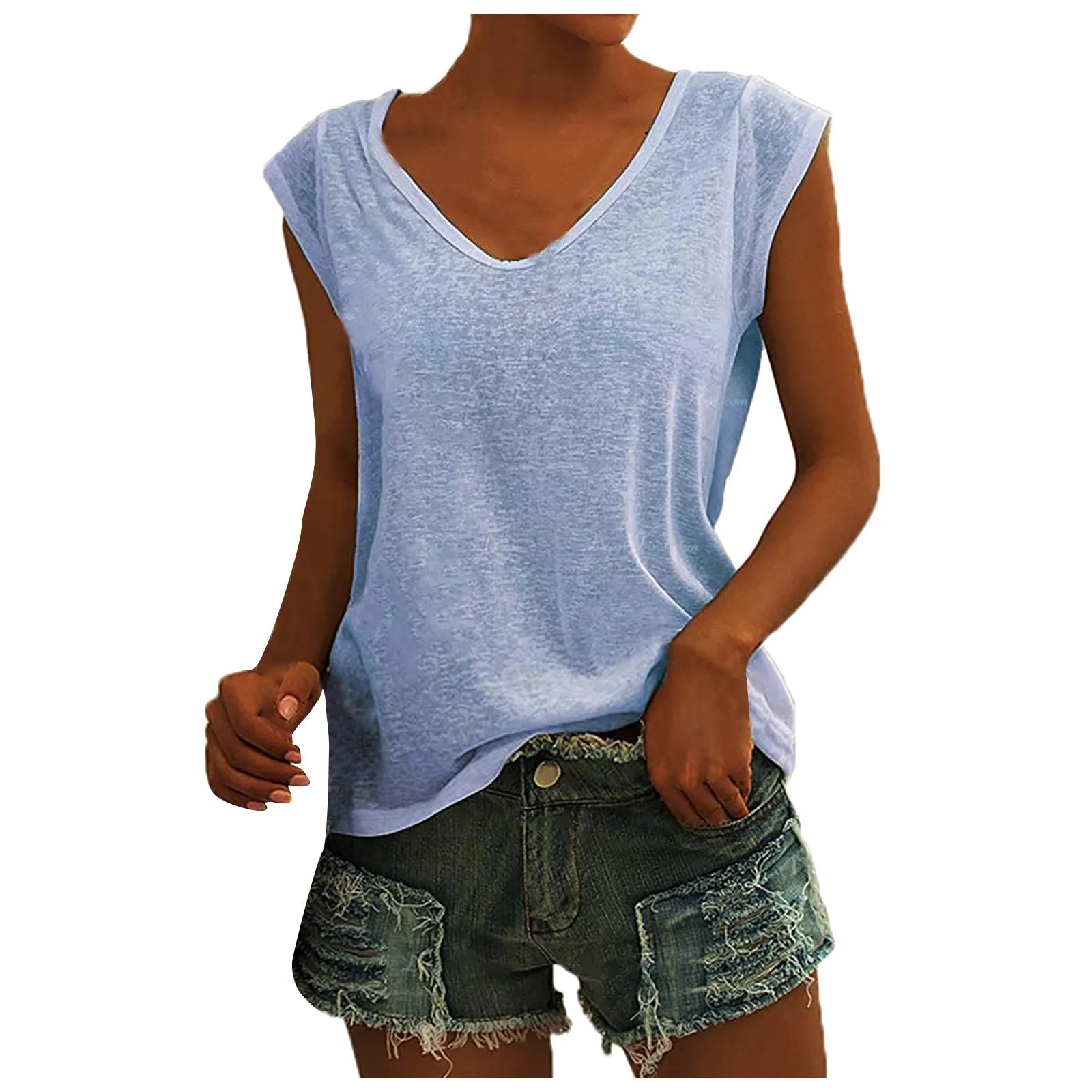 Women's Solid Color Minimalist Fashionable V-Neck Sleeveless T-Shirt Casual And Versatile Loose Summer Basics Street Tank Tops Qme