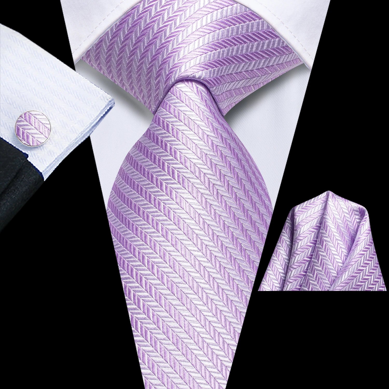 Hi-Tie 3pcs Mens Tie Purple Floral Stripes Solid Necktie Pocket Square Cufflinks Set Wedding Formal Casual Office Party Qme LDSN3777