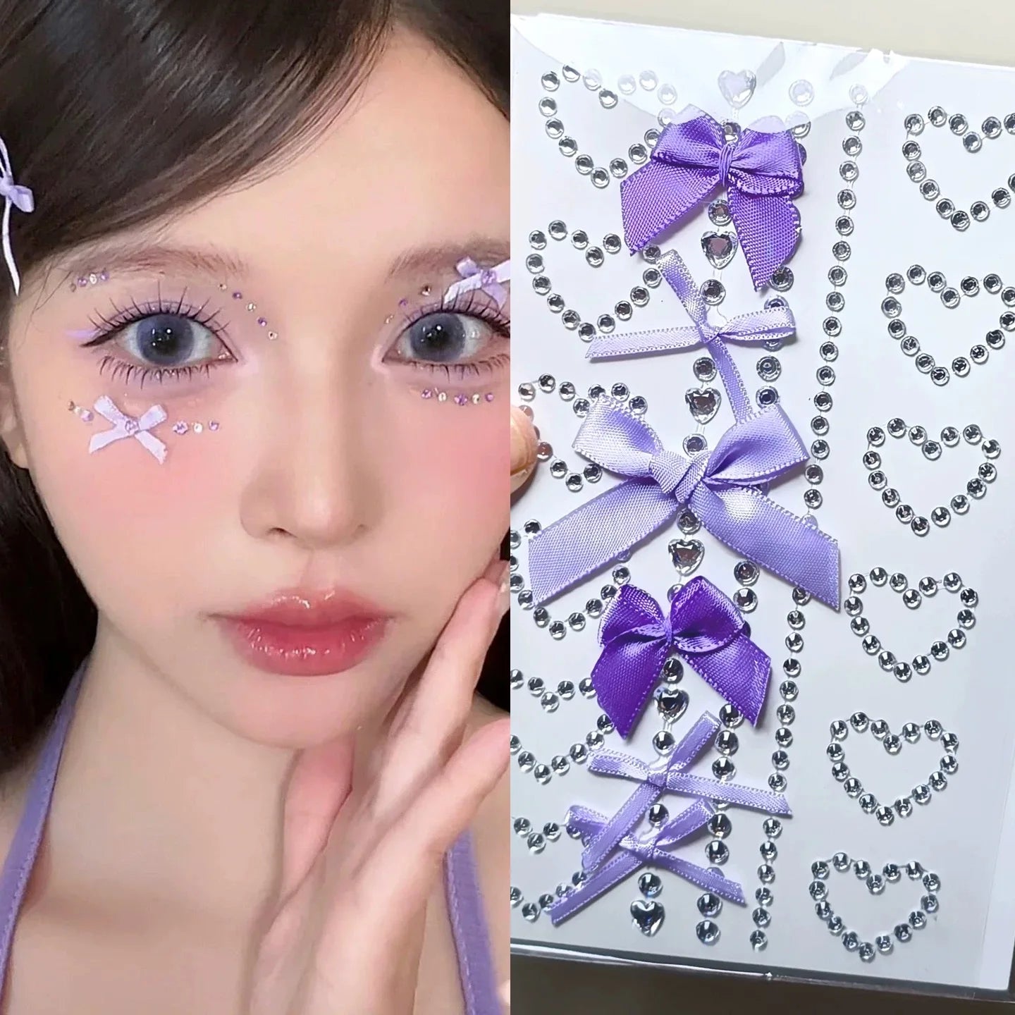 White Ribbon Bow Fashon Pearl Face Stickers Hollow Heart Pink Crystal Diamond Tattoo Stickers Body Arts Party Festival Makeup Qme Purple