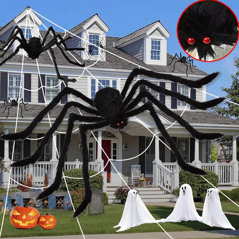 Big Plush Spider Halloween Decoration Scary Lifelike Plush Spider Cobweb Ghost Festival Prop Haunted House Garden Party Decor Qme