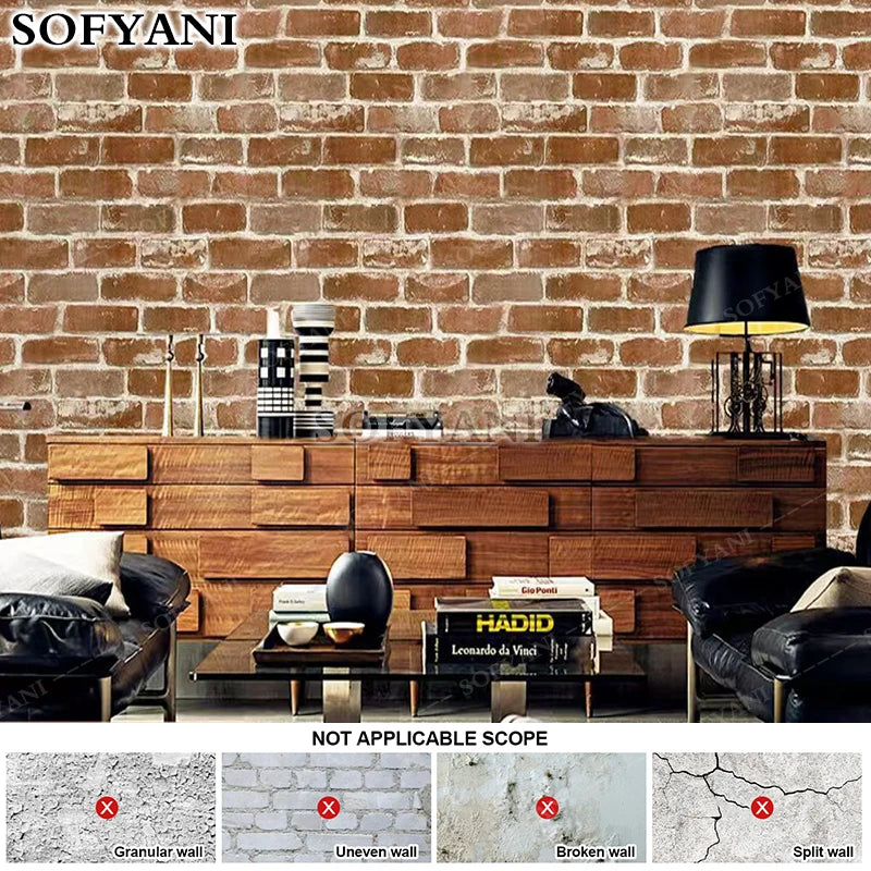 Retro Antique Brick Pattern Brown Red Gray PVC Self-adhesive Qme