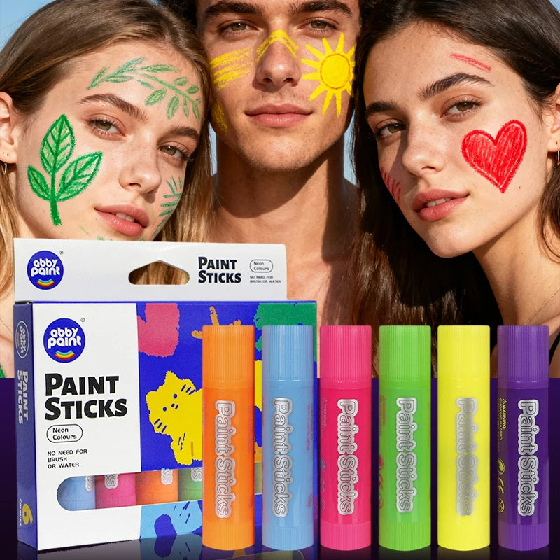 6 Neon Tempera Paint Sticks No Mess Quick Drying Washable Kids Qme