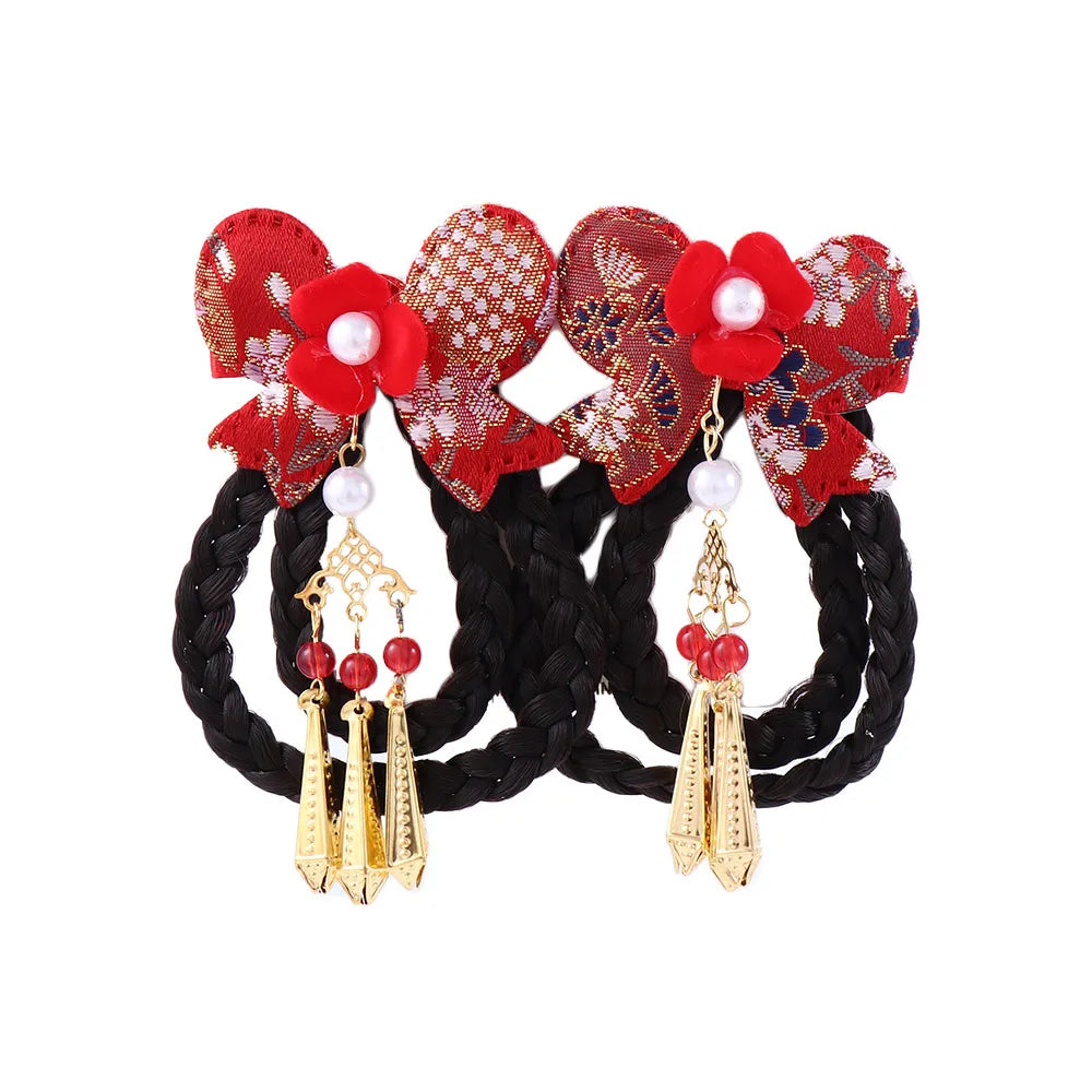 Elegant Sweet Cloth Hanfu Headdress Tang Suit Tassel Chinese Style Wig Braid Hairpin Side Clip Bow Hairpin Hair Accessories Qme D