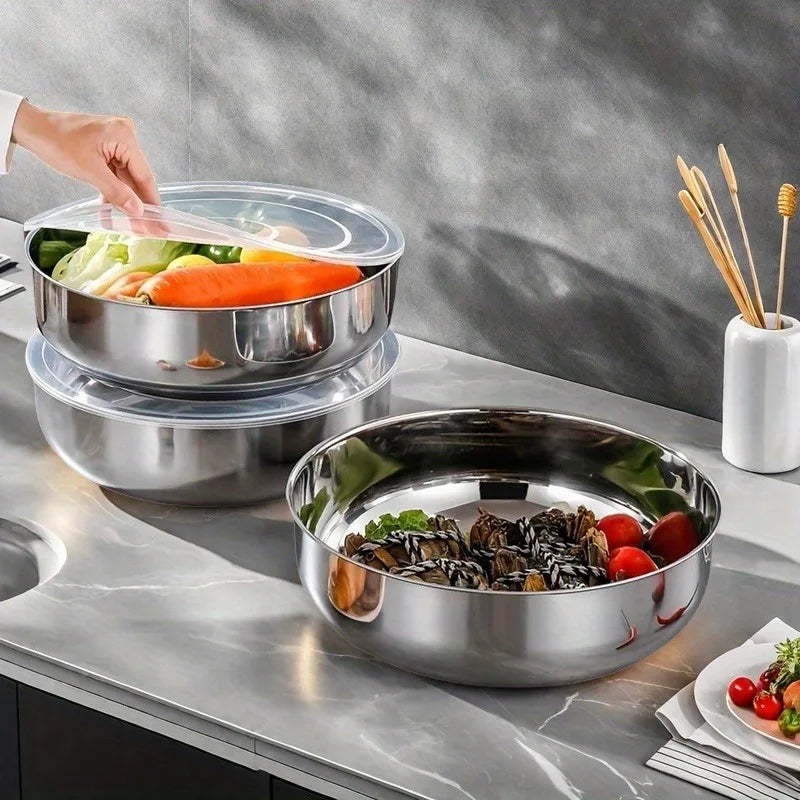 1pc- Rust-Resistant Stainless Steel Large Mixing Bowl with Lid | Deep & Wide, Ideal for Dough Kneading, Vegetable Washing Qme