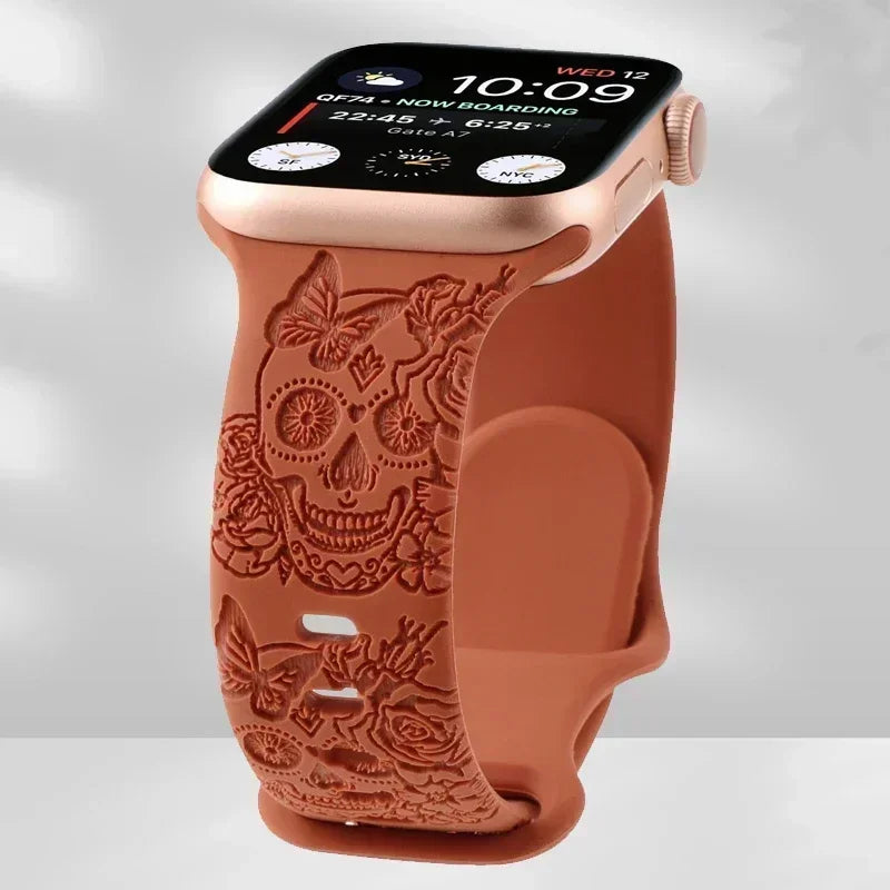 Skull Engraved Strap For Apple Watch Band Ultra 2 49mm 45 44 40 41 42 38mm Silicone Sport Bracelet For iWatch Series 8 9 7 65 SE Qme Brown 42mm 44mm 45mm 49mm