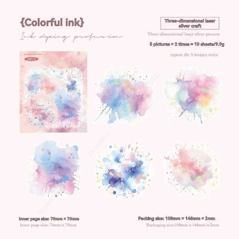 10 Pcs Colorful Series Decorative Sticker Watercolor Foil Stamping Collage Scrapbooking Label Diy Diary Journal Planner Qme B