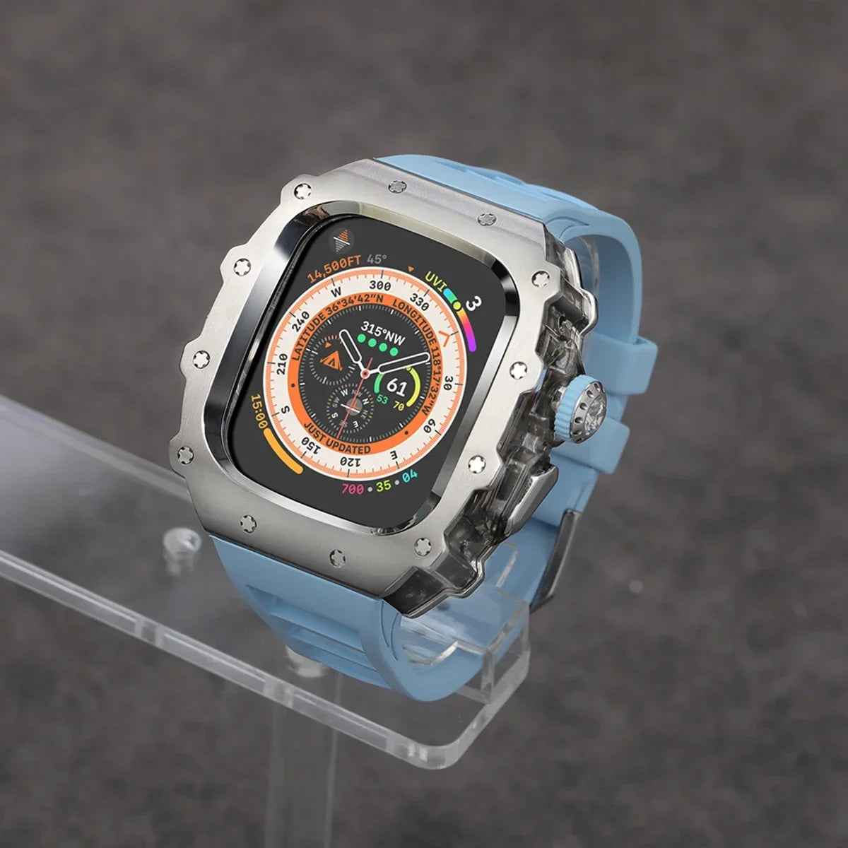 Luxury Modification Kit For Apple Watch Ultra 2 49mm 45mm 44mm Stainless Steel Case For IWatch 9 8 7 6 Crystal Button Sport Band Qme Blue-BTr 45mm-Series 9 8 7