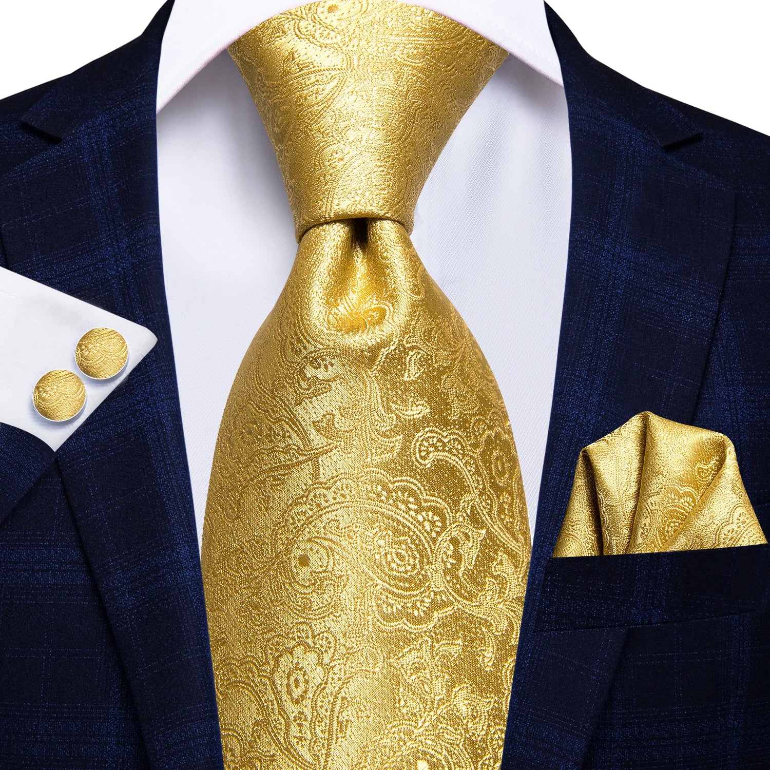 Designer Gold Solid Wedding Tie Men Handky Cufflink Striped Plaid