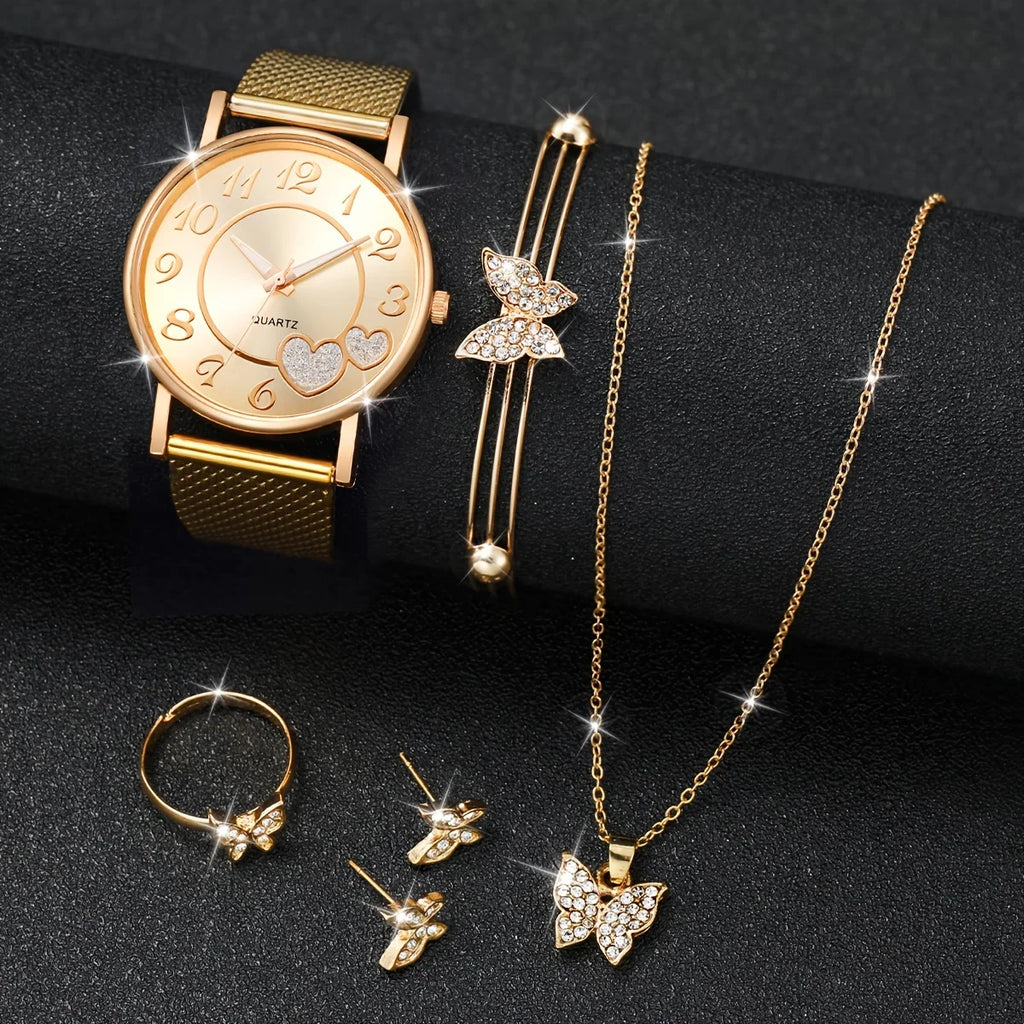 3/5Pcs Butterfly Watch Jewelry Set Women Rose Gold Mesh Quartz Wristwatch Crystal Butterfly Necklace Earrings Bangle Ring Gift Qme