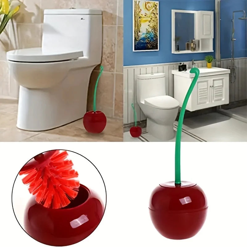 Cherry Toilet Brush and Holder, Cute Design, High-Quality Household Toilet Brush with Solid Handle and Durable Bristles Qme