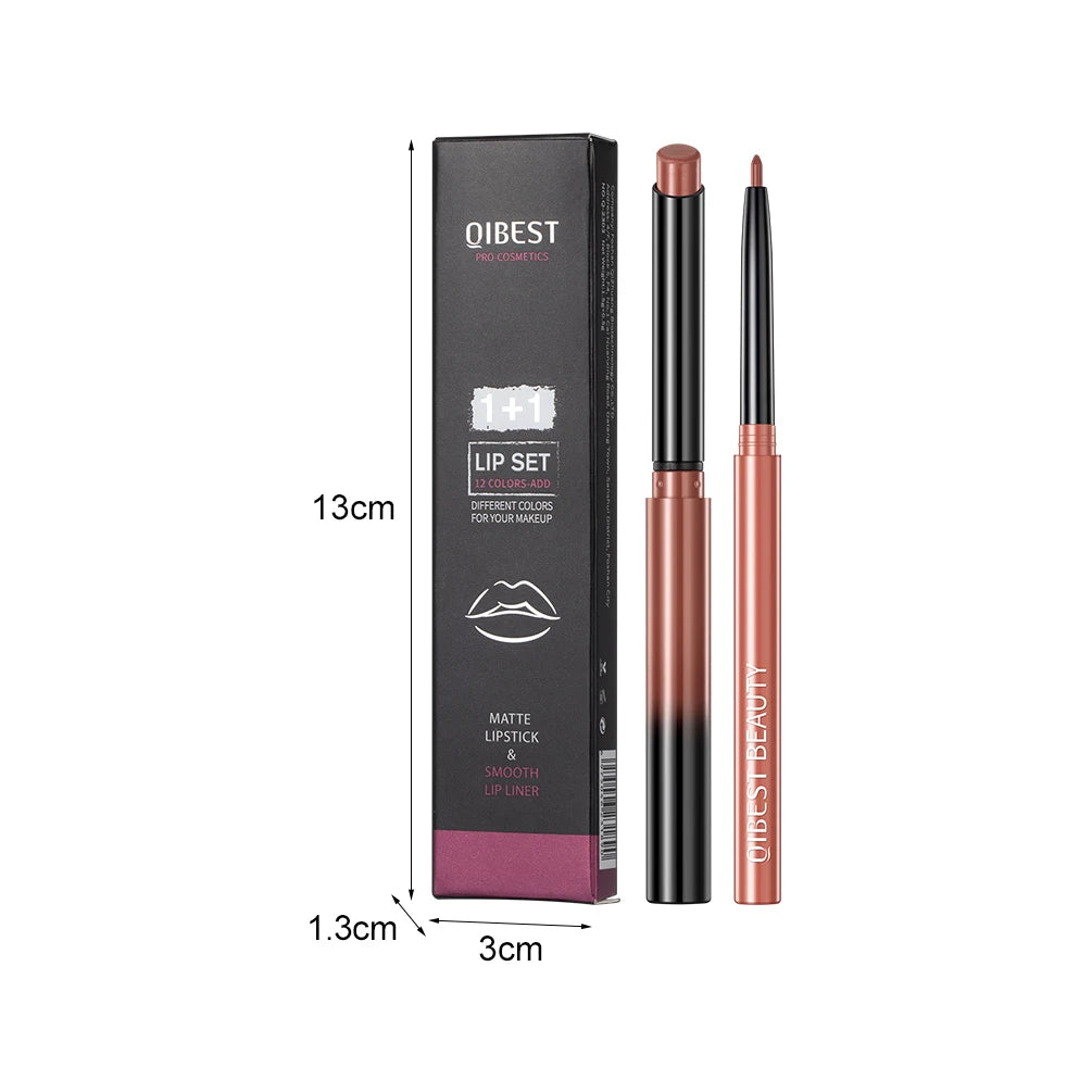 QIBEST 2pcs Lipstick Lipliner Pen Set Matte Nude Lip Liner Pencil Waterproof Long Lasting Lipstick Pen Contour Makeup For Women Qme