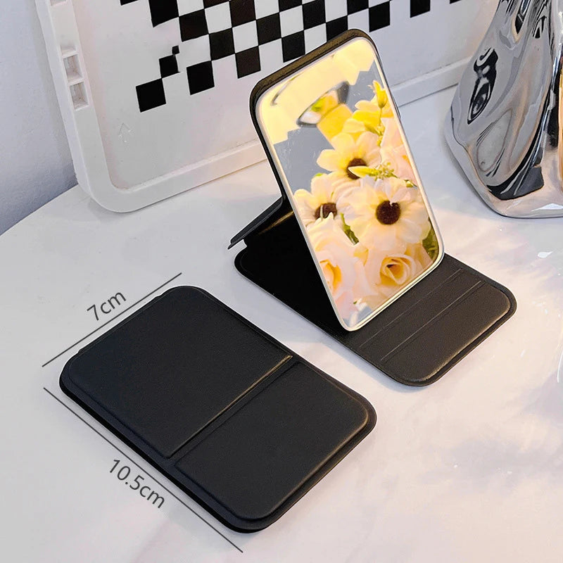 Foldable Makeup Mirror Simple Portable Handheld Desktop Dual-use Qme one size Black