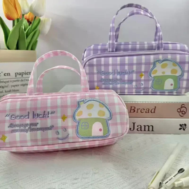 Plaid Pattern Double Layer Student Pencil Case 2 Zippers Handle Water Qme