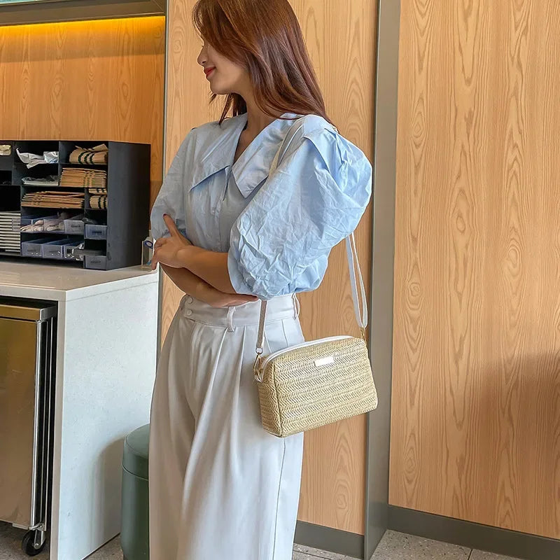 Portable Bohemian Style Straw Woven Bag Handbag Wallet Straw Bucket Bag Wallet Shoulder Bag Straw Crossbody Summer Qme