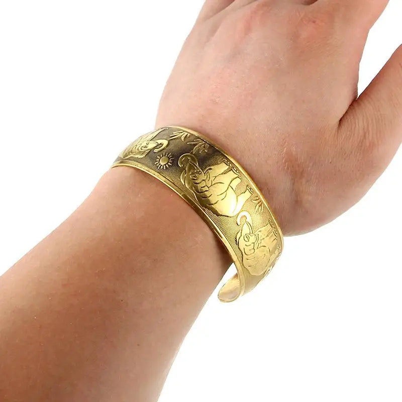 Vintage Gold-Tone Elephant Engraved Wide Cuff Bracelet Adjustable Boho Bangle For Women & Men Qme