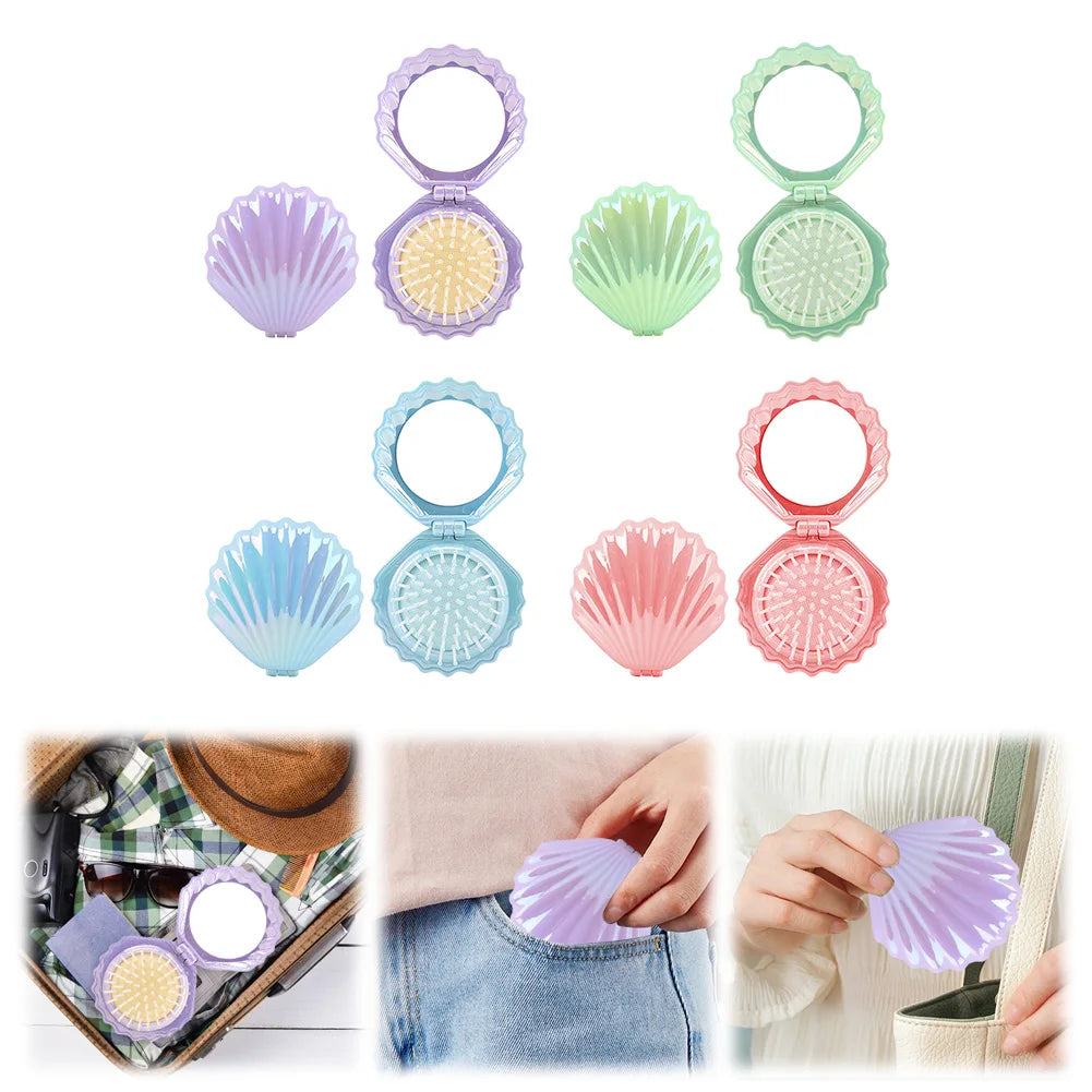 Foldable Shell Shape Comb Travel Hair Brush with Mirror Folding Pocket Hair Brush Portable Mini Hair Comb Hair Styling Tools Qme
