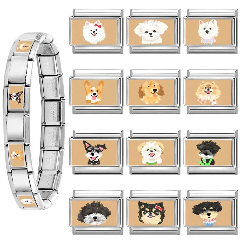 Romantic Lovely Rabbit Stars Flower Cast Dogs Italian Charm Link Fit 9MM Bracelet Stainless Steel Women Men DIY Making Jewelry Qme