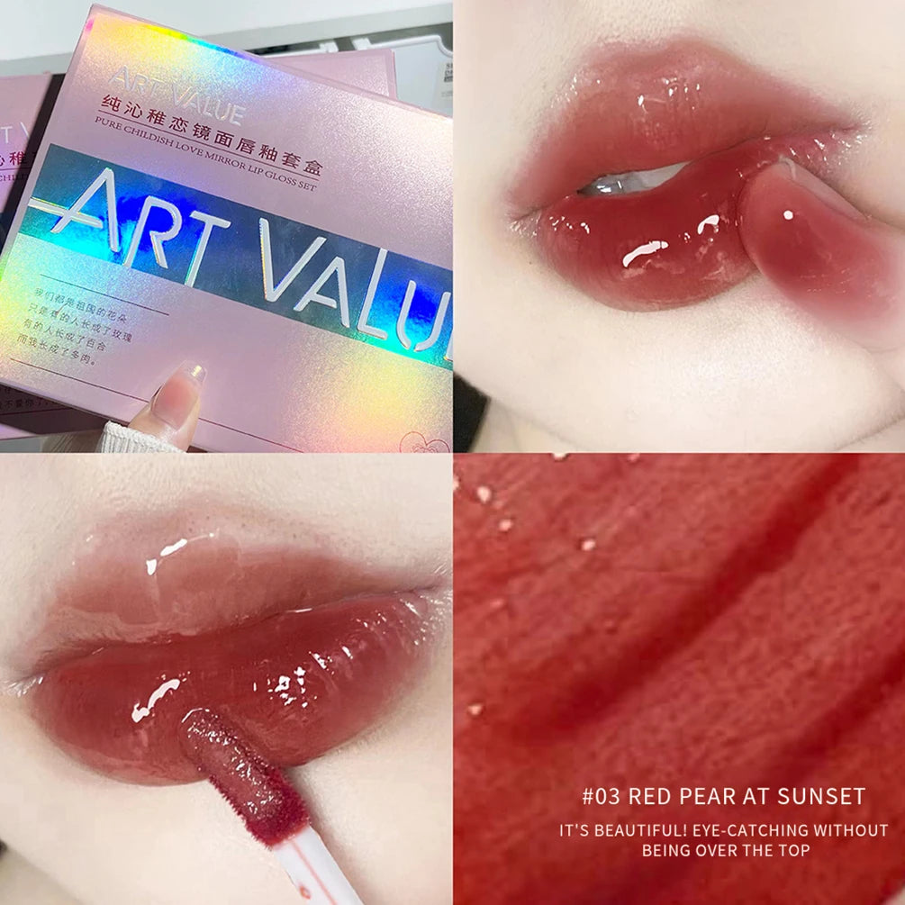 4Pcs Lipgloss Liquid Lipstick Long Lasting Moisturizing Makeup Mirror Lip Glaze Set With Necklace Lip Tint Cosmetics For Women Qme