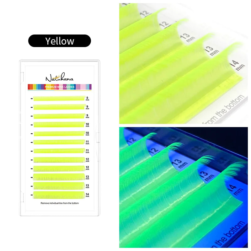 NATUHANA UV Glow Eyelash Extensions Fluorescent Neon Lashes Qme UV Yellow LU 0.07mm|8-14 Mixed