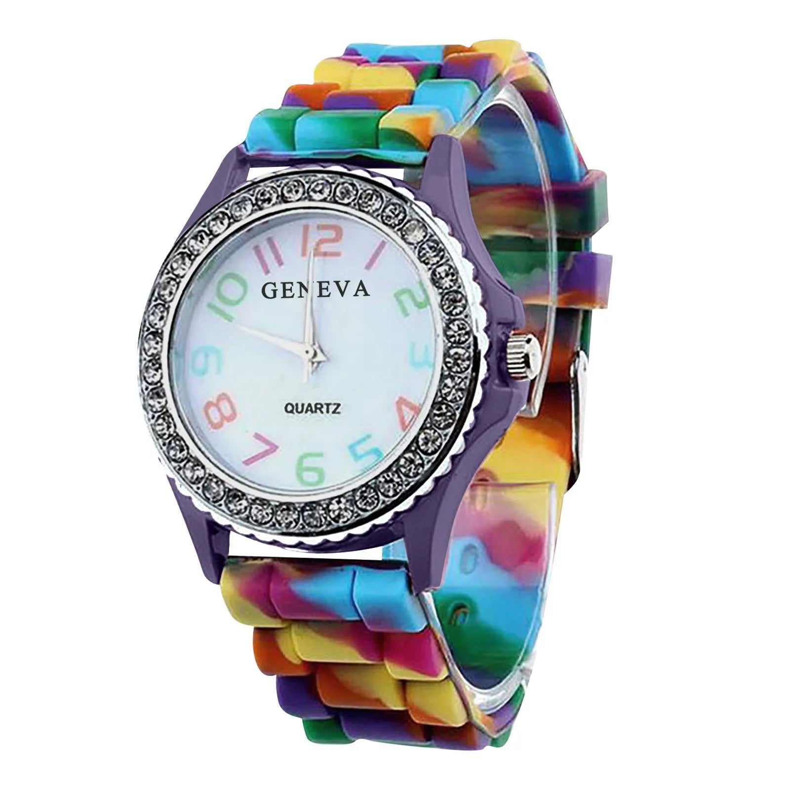 Girls’ Silicone Camouflage Watch Crystal Bling Quartz Wrist Watch Fashion And Cool Casual PU Strap Round Dial With Diamond Watch Qme D