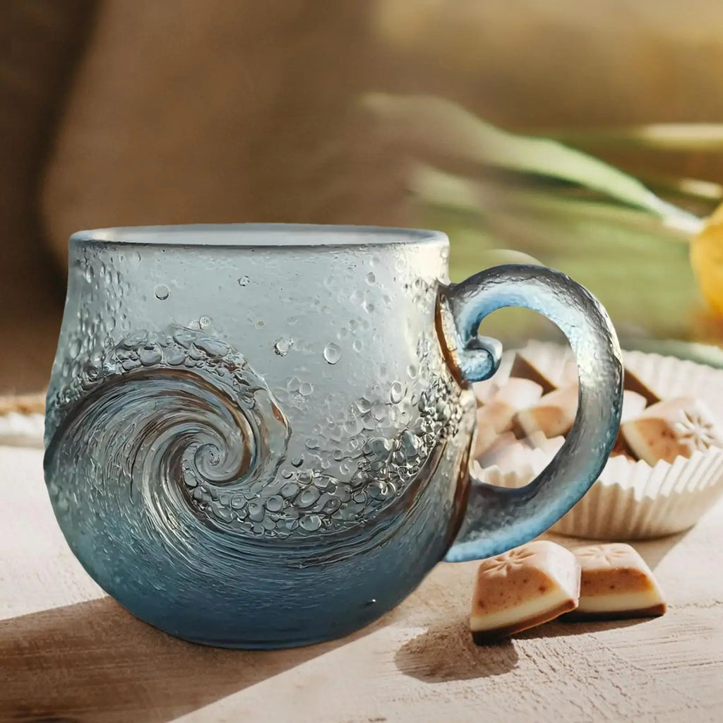 Clear Glass Coffee Mugs Wave Design Water Bottle 300ml Mugs for Coffee with Handle for Kids Beach House Office Women Men Adults Qme