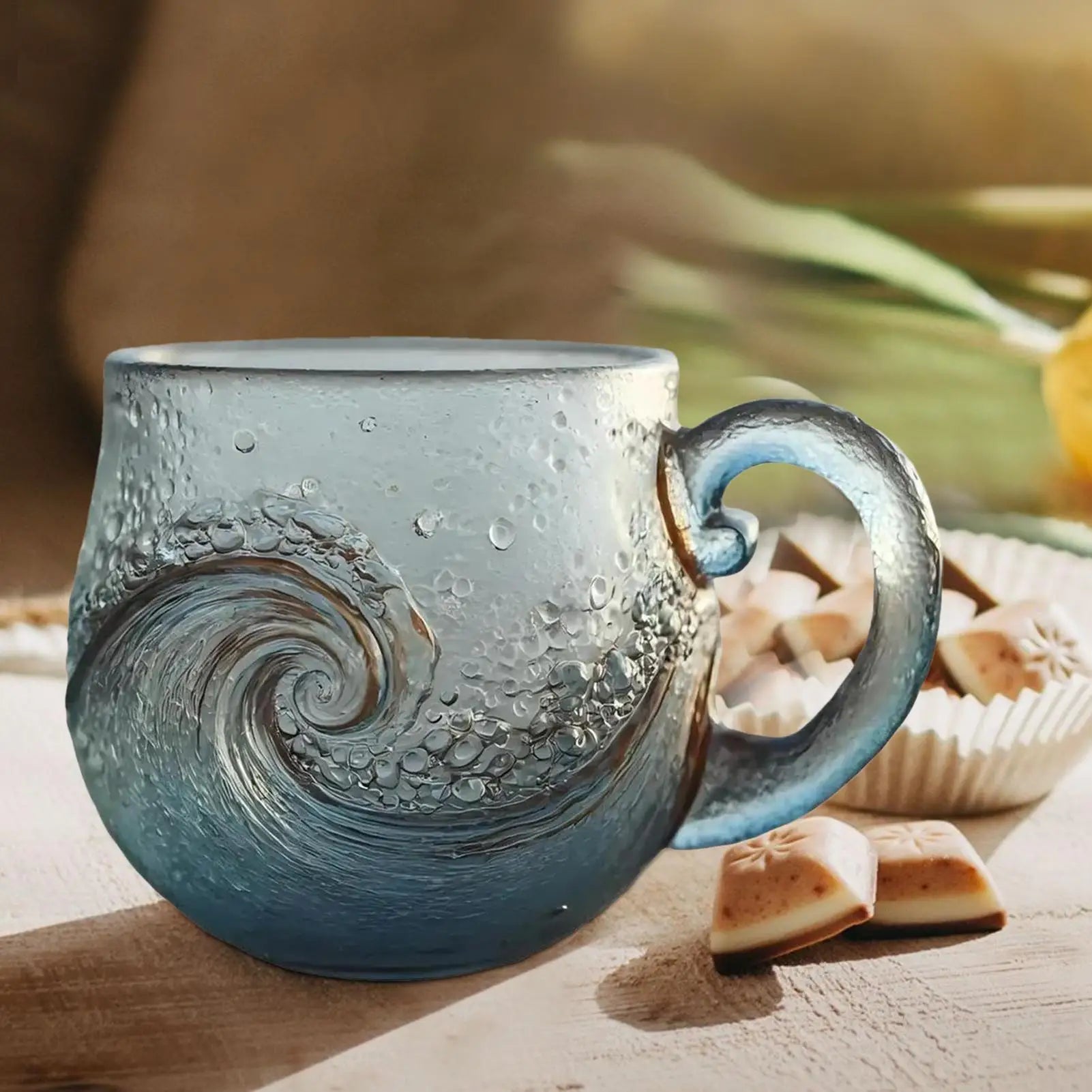 Clear Glass Coffee Mugs Wave Design Water Bottle 300ml Mugs for Coffee with Handle for Kids Beach House Office Women Men Adults Qme