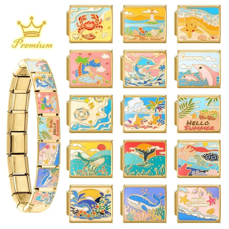 Sweet Pink Sky Cloud Lovely Dolphin Ocean Charm Italian Links Fit 9mm Bracelet Stainless Steel Women Men Making DIY Jewelry Gift Qme