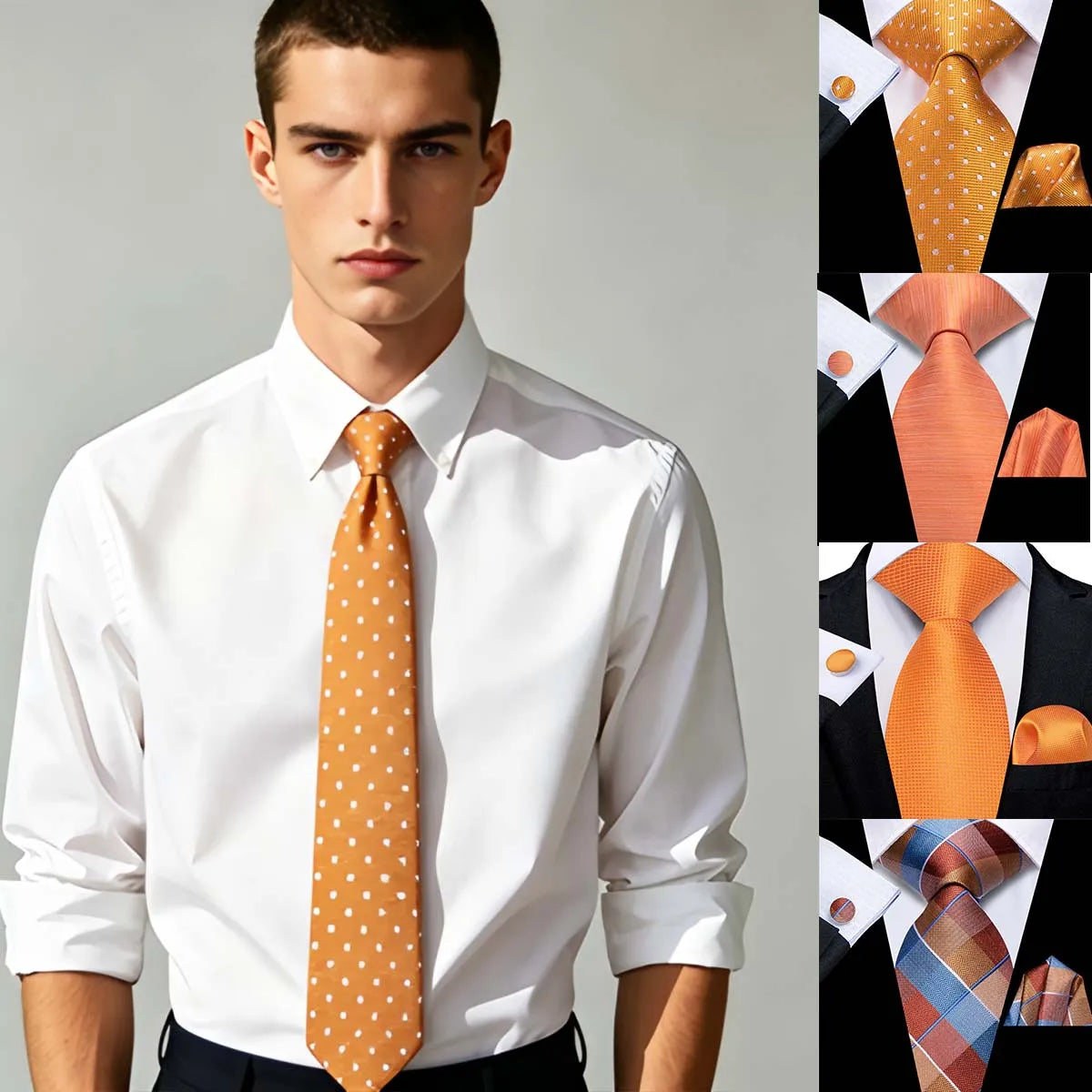 Orange Tie Men Necktie Pocket Square Cufflinks Formal Wedding Qme
