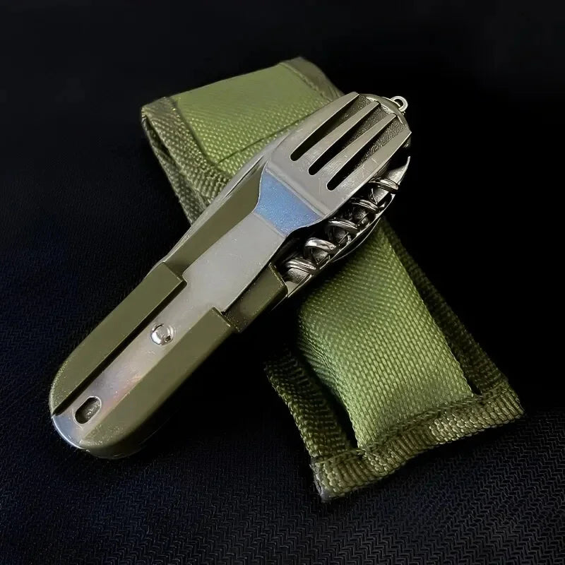 7 In 1 Stainless Steel Foldable Outdoor Tableware: Fork, Spoon, Knife for Picnic, Camping, Hiking, Travelling Qme