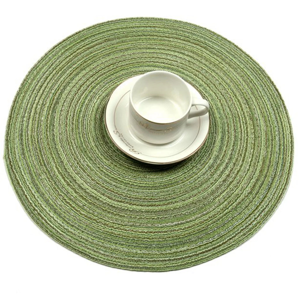 Four Piece Green Color Active Vintage Anti Slip Dining Table Meal Mat Woven Round Non-Slip Tableware Bowl Pads Drink Cup Coaster Qme
