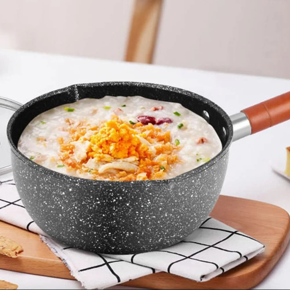 Non-Stick Sauce Pan Soup Pot with Pour Spout Milk Saucepan Wooden Handle Stick Proof Sauce Pan for Noodles Soups Hot Milk Qme