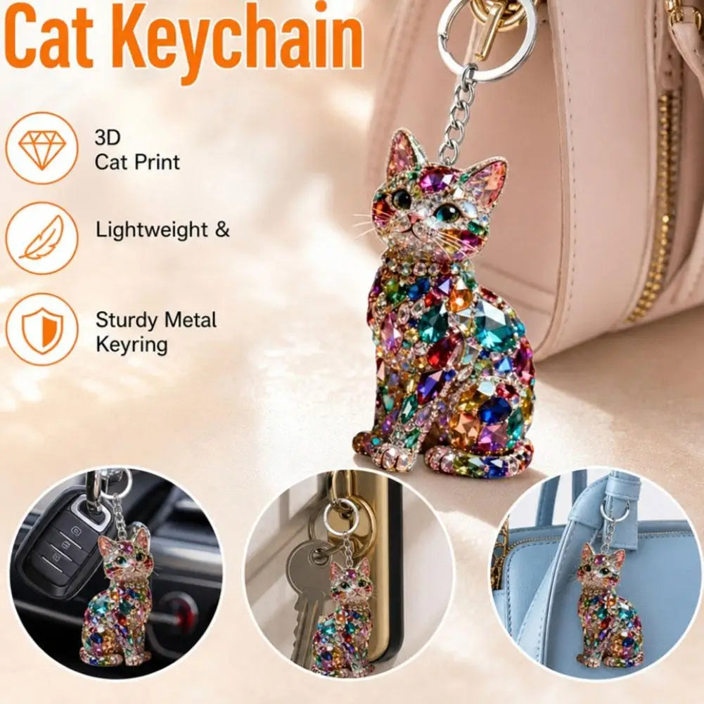 Cute Rhinestone Cat Keychain Mini Acrylic Bling Kitten Hanging Qme