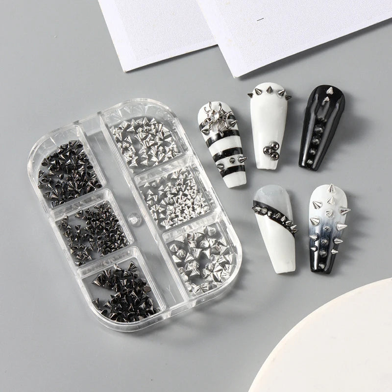 6 Grids Y2K Punk Metal Rivet Nail Charms Cone Mixed Sized Black Qme ZB99-2
