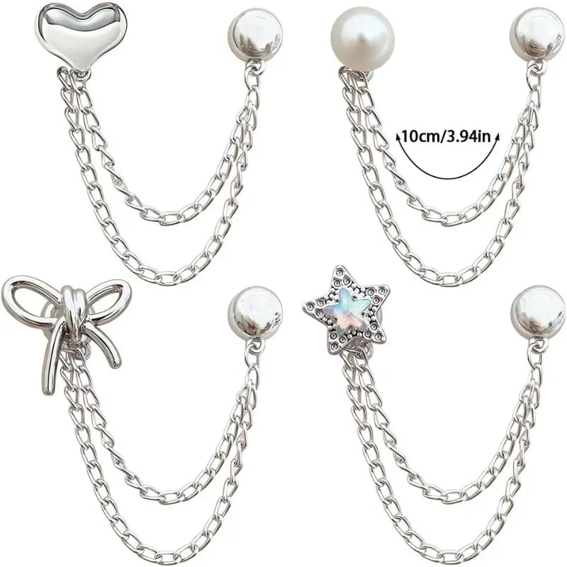 Multi Layer Tassel Chain Jeans Pants Cuff Clips Bow Star Pearl Decor Brooch Pins Adjustable Pant Leg Cuff Fixing Buckle Qme