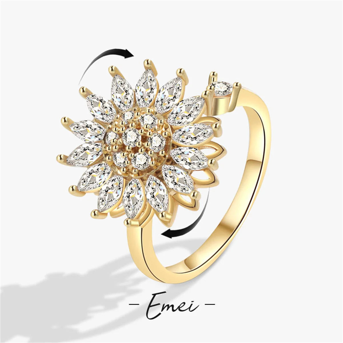 Fashion Fidget Spinner Ring Anxiety for Women Multiple Crystal Sunflower Finger Rings Rotate Anti Stress Jewelry Wedding Gift Qme