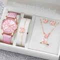 5Pcs Pink Heart Crystal Watch Jewelry Set Women Roman Dial Leather Chronograph Quartz Wristwatch Matching Heart Jewelry Gift Qme C Without Box