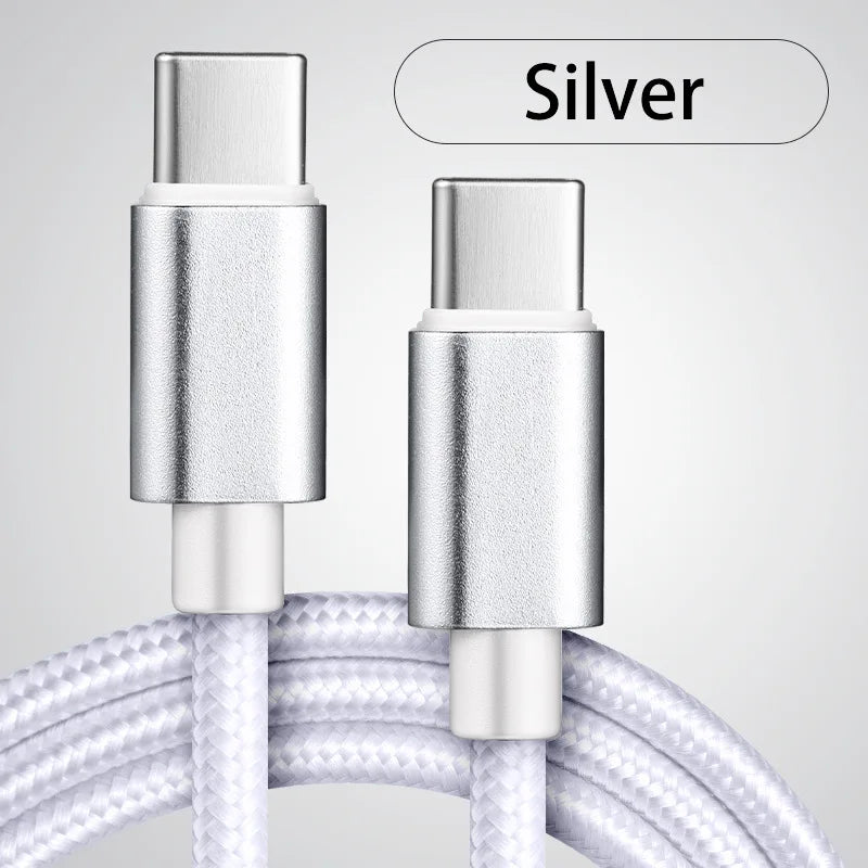 66W USB C To Type C 1m 2m 3m PD Quick Charger Data Cord Fast Charging Cable Nylon Braided Data Cable for Samsung Xiaomi IPhone Qme Silvery 1m